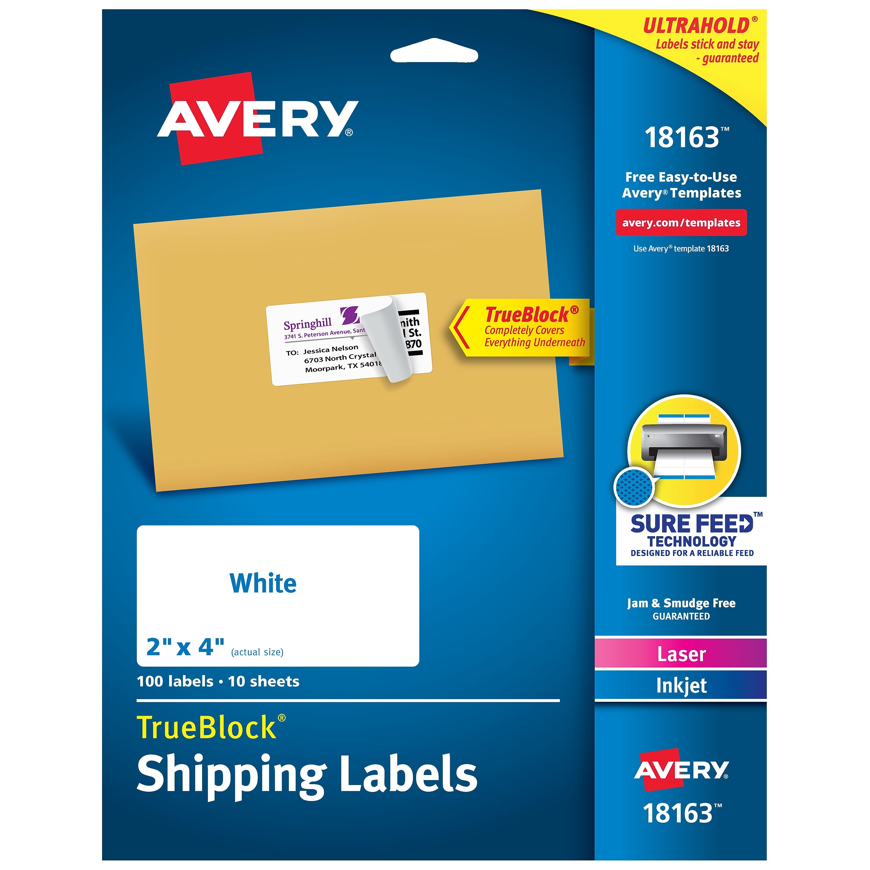 Avery TrueBlock Laser/Inkjet Shipping Labels, Sure Feed Technology, 2" x 4", White, 10 Labels/Sheet, 10 Sheets/Pack (18163)