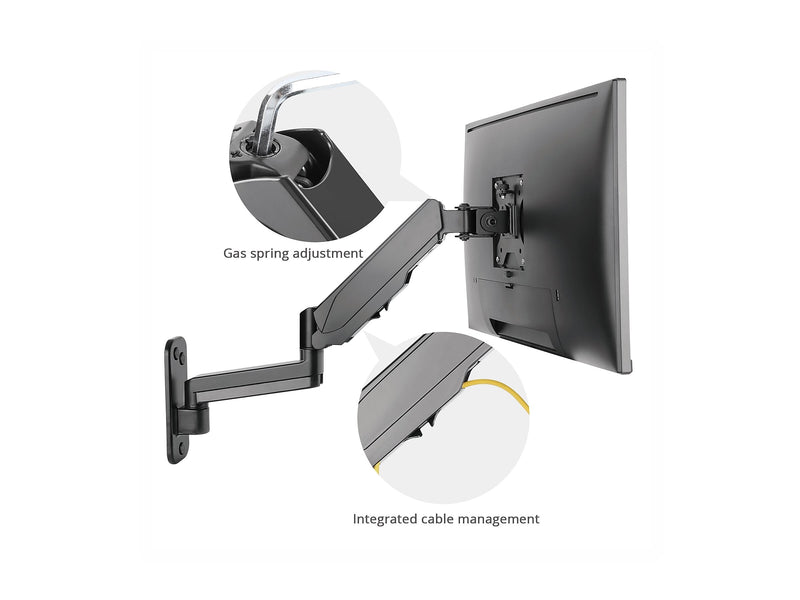 SIIG High Premium Aluminum Gas Spring Wall Mount - Single Monitor Arm, Up to 32", Black (CE-MT2L12-S1)