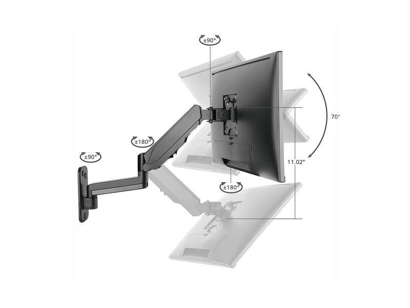 SIIG High Premium Aluminum Gas Spring Wall Mount - Single Monitor Arm, Up to 32", Black (CE-MT2L12-S1)