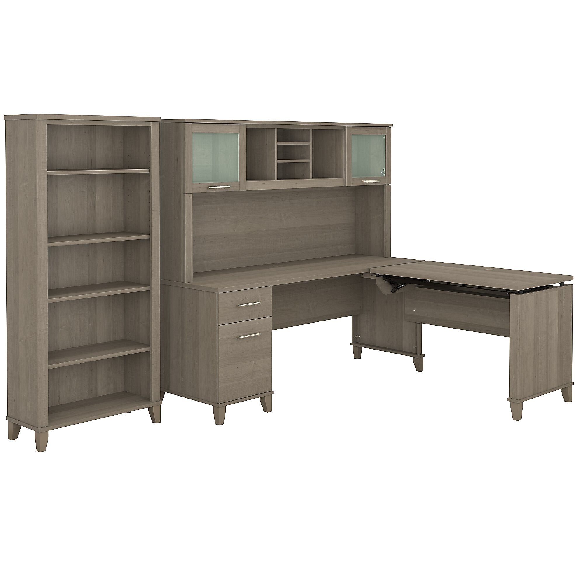 Bush Furniture Somerset 72"W 3 Position Sit to Stand L Shaped Desk with Hutch and Bookcase, Ash Gray (SET017AG)