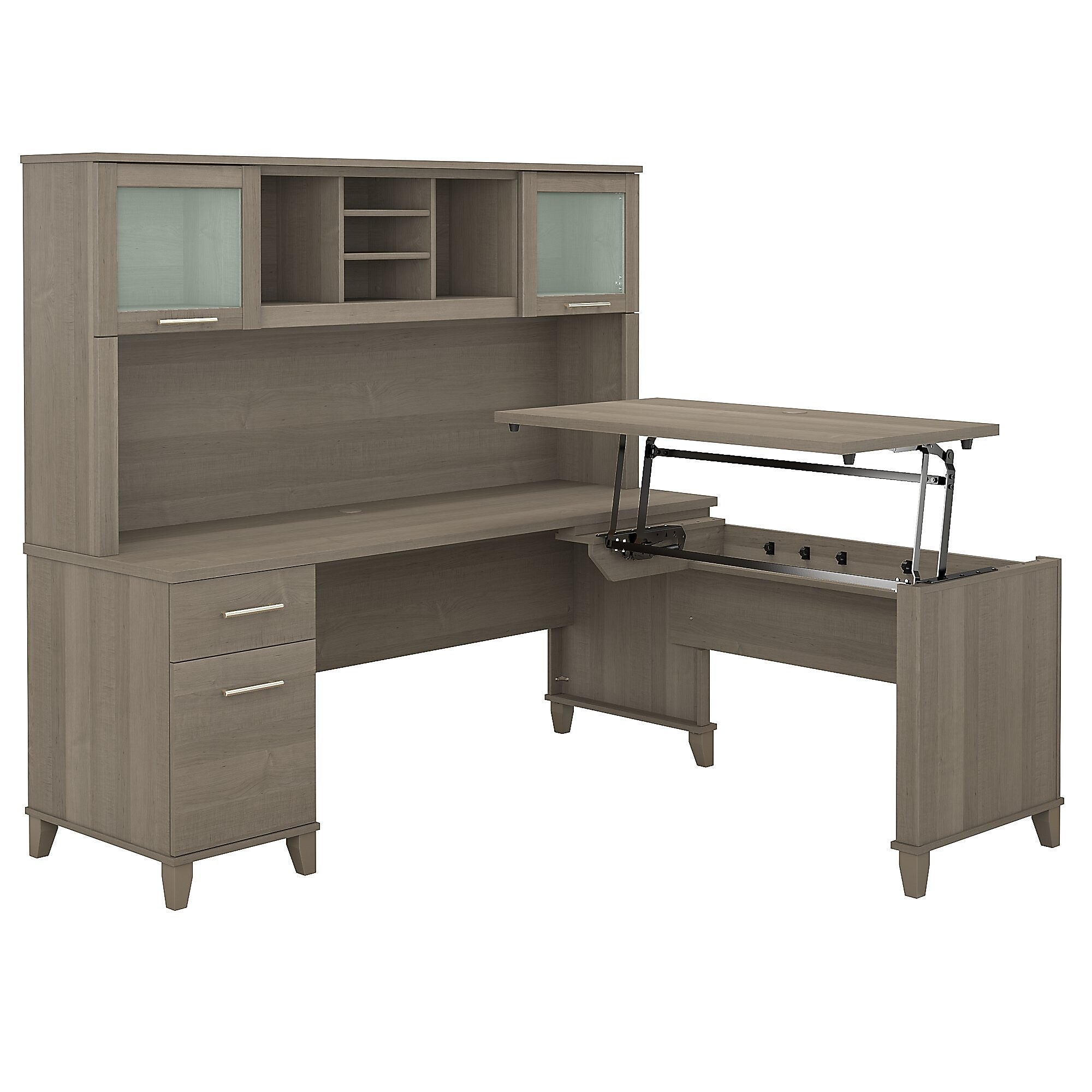 Bush Furniture Somerset 72"W 3 Position Sit to Stand L Shaped Desk with Hutch, Ash Gray (SET015AG)