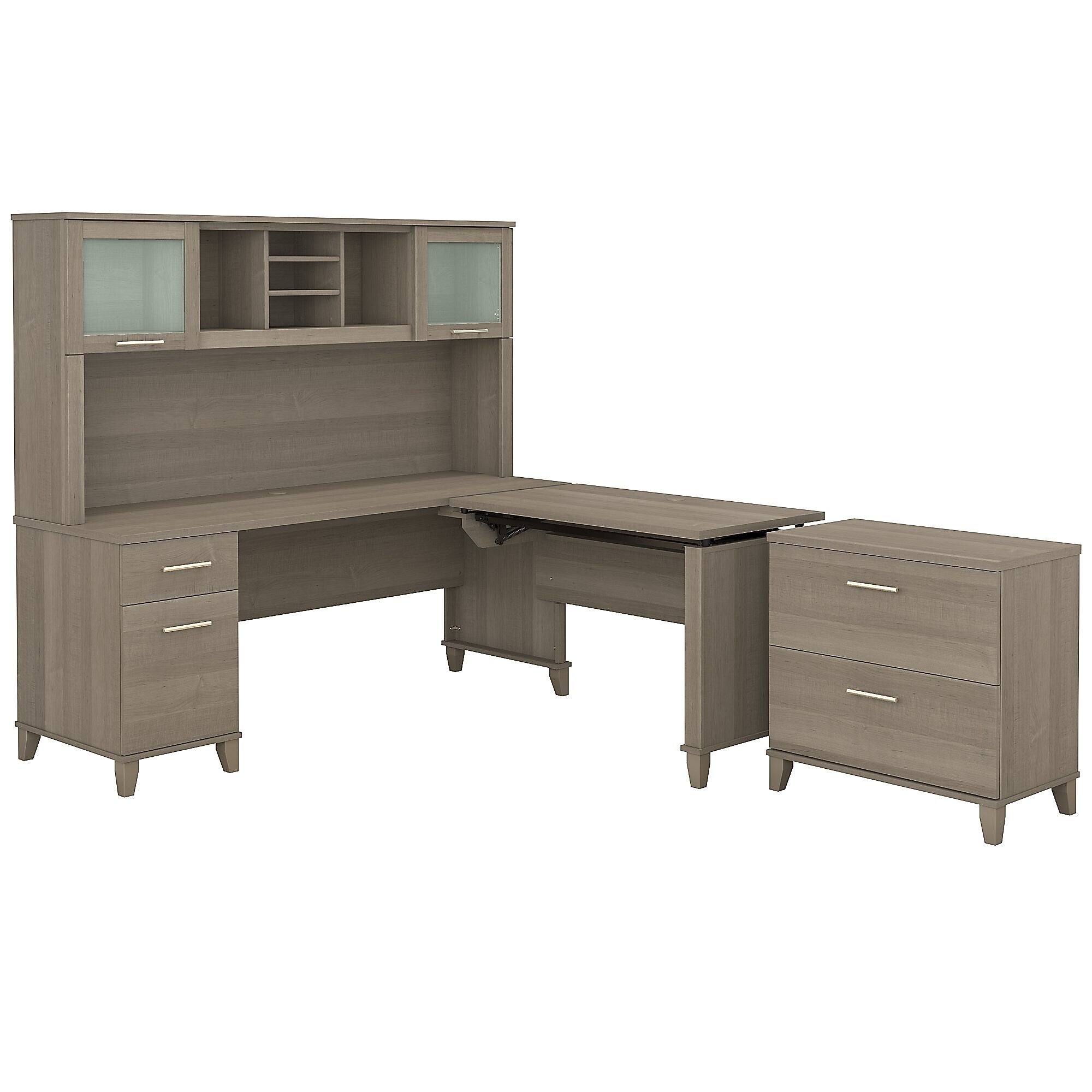 Bush Furniture Somerset 72"W 3 Position Sit to Stand L Shaped Desk with Hutch and File Cabinet, Ash Gray (SET016AG)