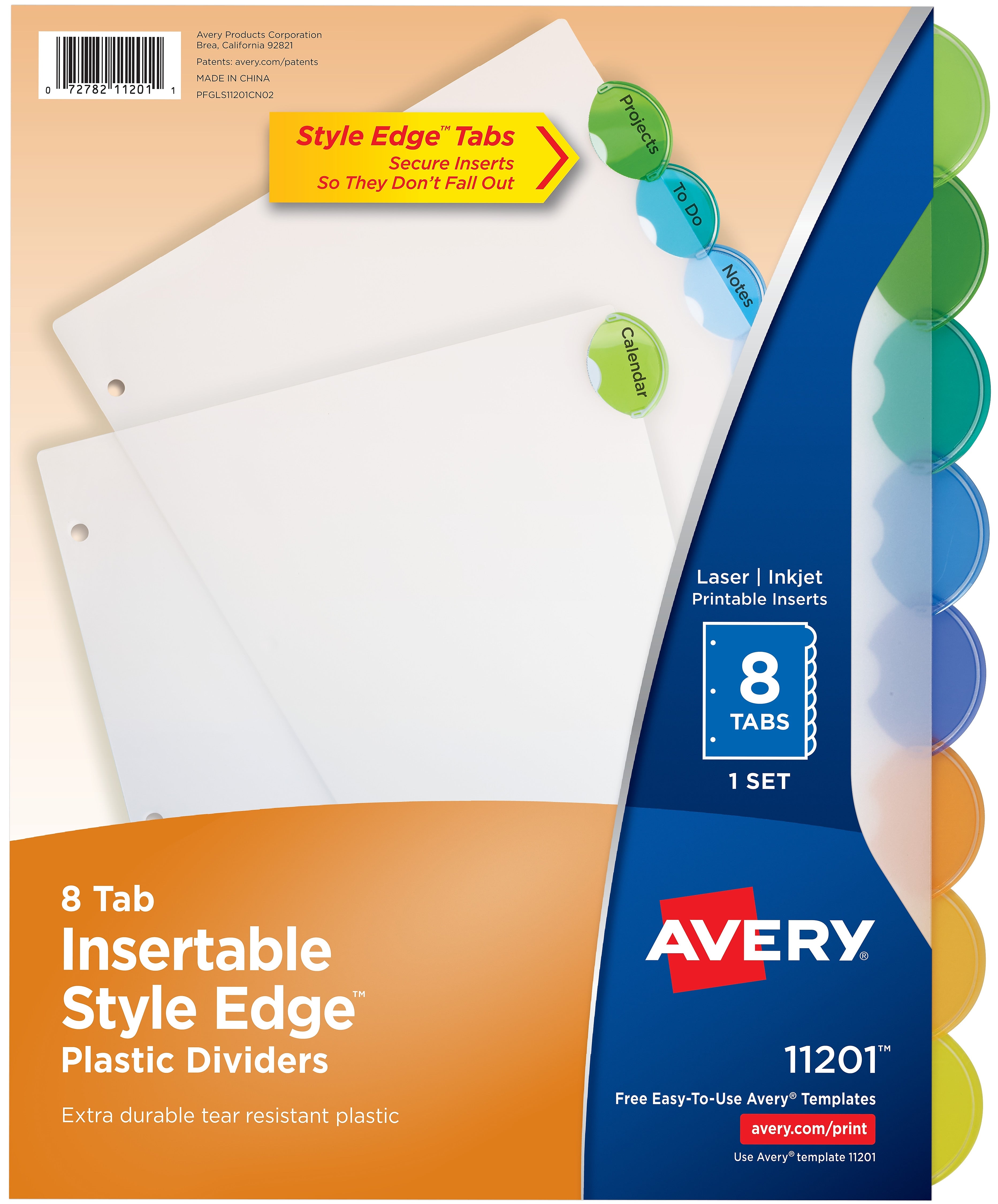 Avery Style Edge Insertable Plastic Dividers, 8 Tab, Multicolor (11201)
