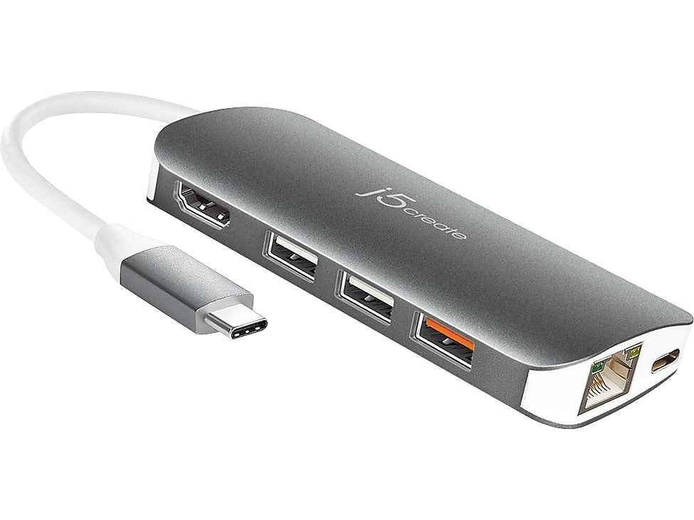 j5create USB-C to HDMI/RJ-45/USB Adapter, Male to Female, Black (JCD383)