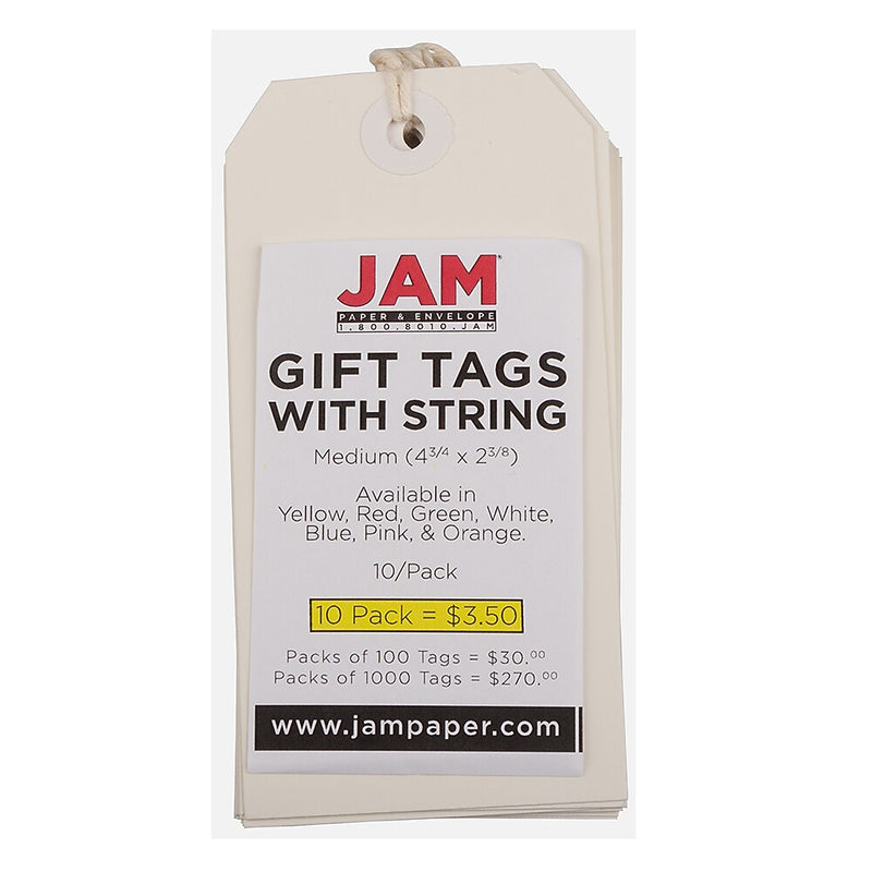 JAM PAPER 4 3/4" Gift Tags with String, White, 100/Pack (3919712B)