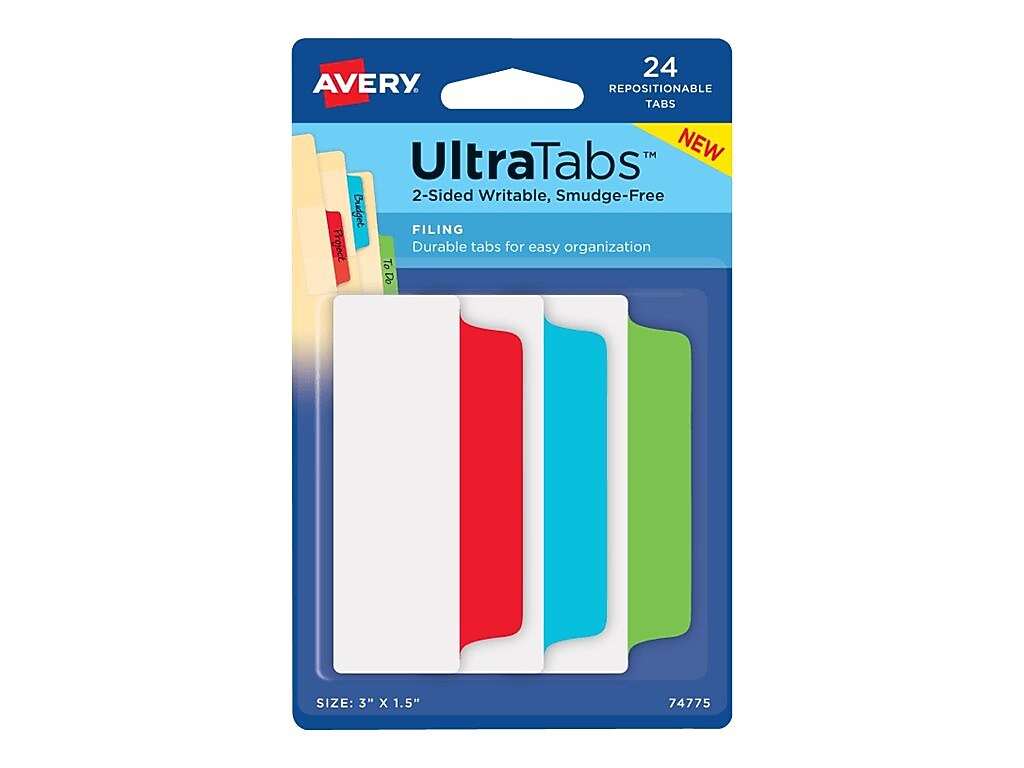 Avery UltraTabs Repositionable Mini Tabs, 3" x 1.5", Red/Blue/Green, 24/Tabs (74775)