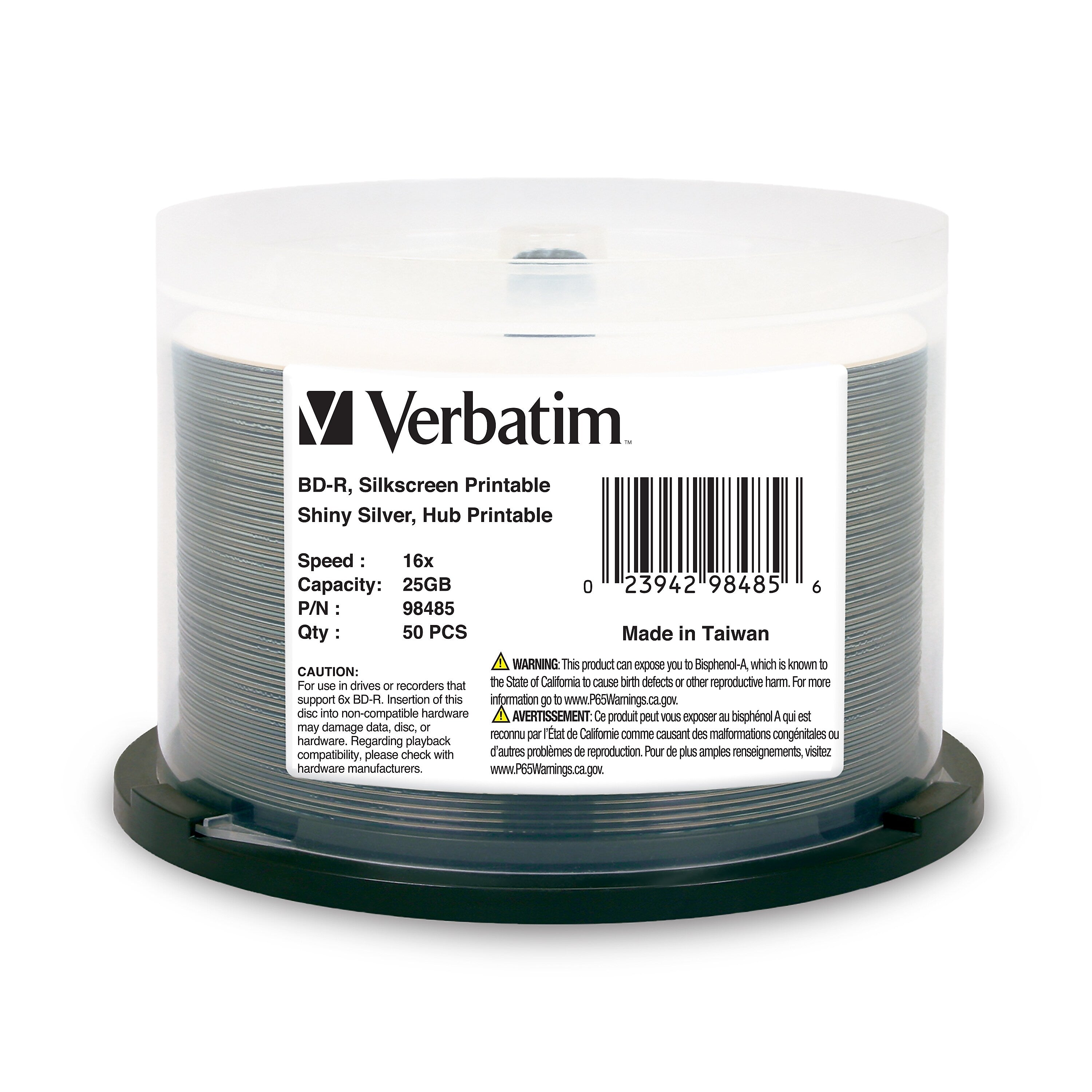 Verbatim 98485 16x Blu-Ray, Shiny Silver, 50/Pack