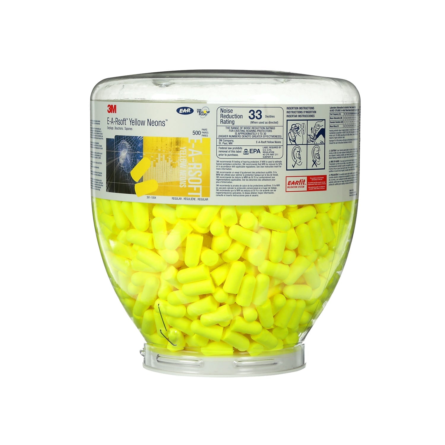 E-A-Rseft One Touch Refill Uncorded Earplugs, NRR 33 dB, Yellow, 500/Box (247-391-1004)