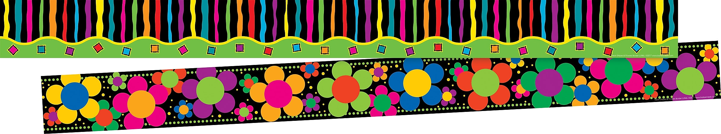 Barker Creek Double-Sided Border, 35" x 3", Neon Stripes & Flowers, 24/Pack (BC4021)
