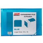 JAM Paper® 13 Pocket Plastic Expanding File, Accordion Folders, Legal Size, 10 x 15, Blue, Sold Individually (419EX13BU)