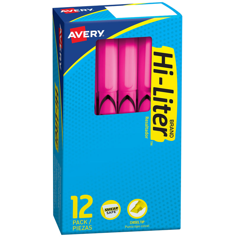 Avery Hi-Liter Stick Highlighters, Chisel, Pink, Dozen (23592)