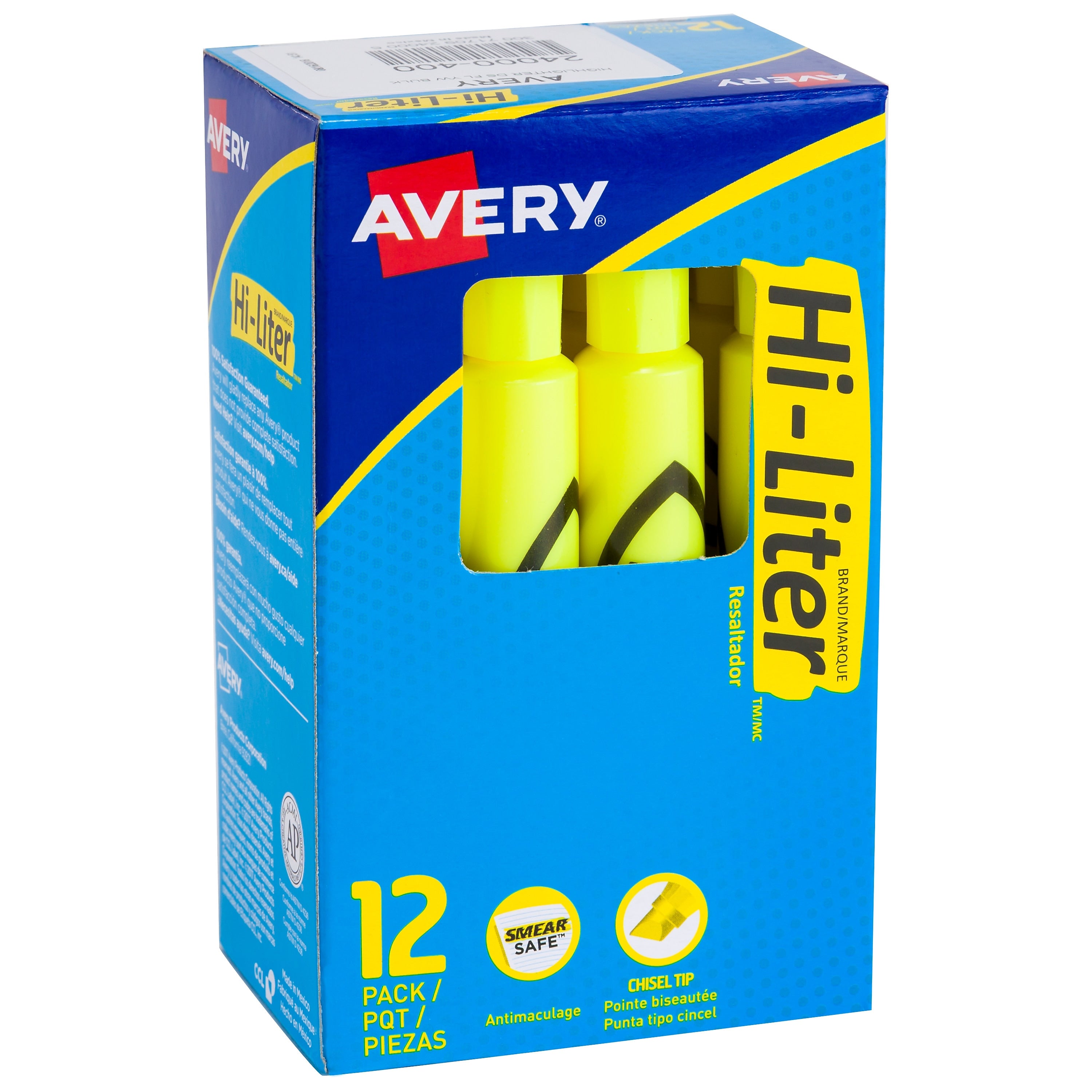 Avery Hi-Liter Desk Style Highlighters, Chisel Tip, Yellow, Dozen (24000)
