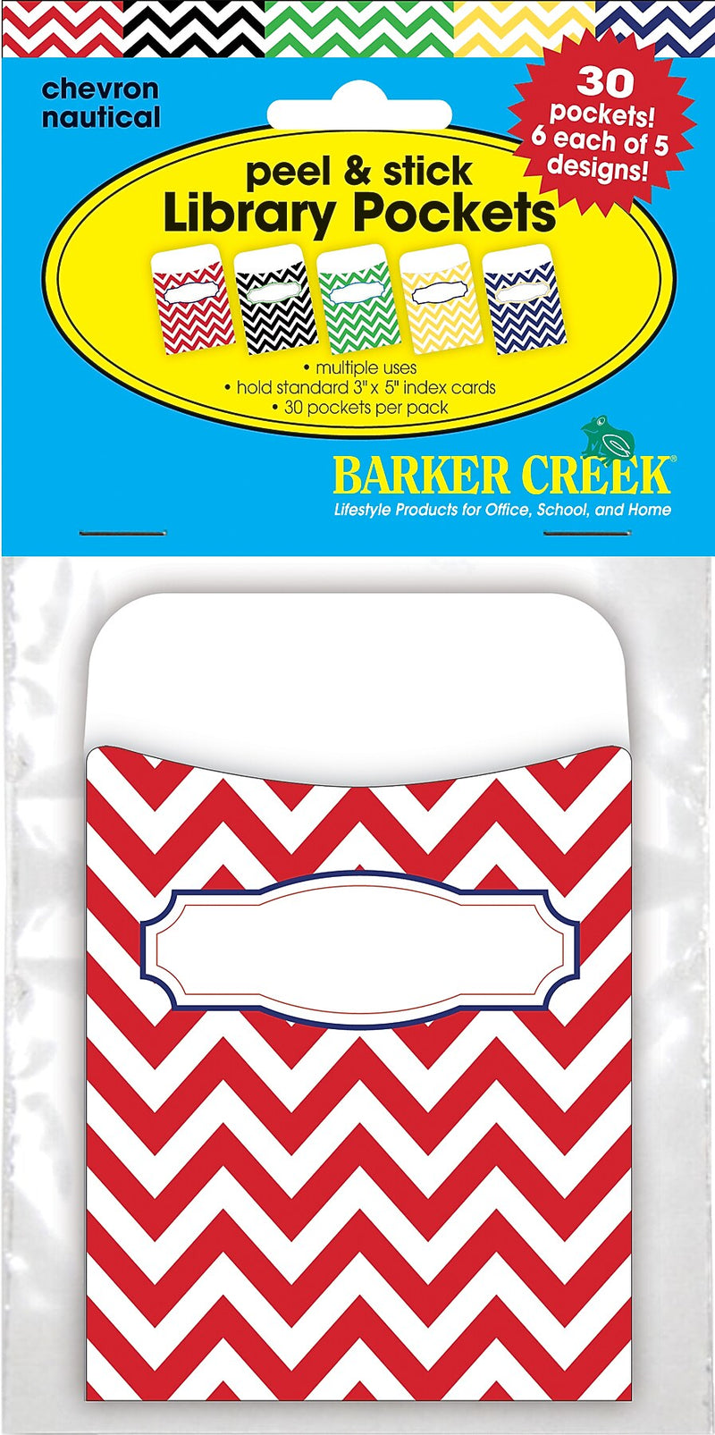 Barker Creek Nautical Chevron Peel & Stick Library Pockets, 5.125" x 3.5", 30/Pack (1232)