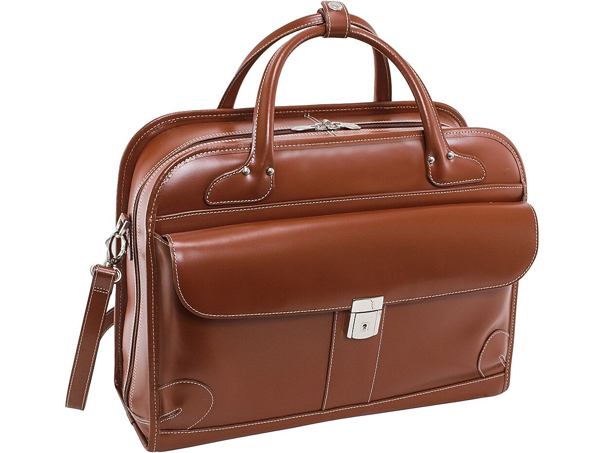 McKlein Lakewood Leather Briefcase, Laptop Compatible, Rolling, TSA Checkpoint Friendly, Brown (96614)