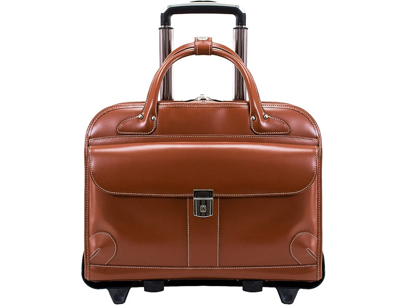 McKlein Lakewood Leather Briefcase, Laptop Compatible, Rolling, TSA Checkpoint Friendly, Brown (96614)