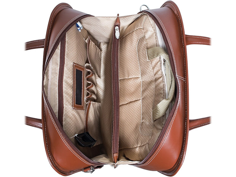 McKlein Lakewood Leather Briefcase, Laptop Compatible, Rolling, TSA Checkpoint Friendly, Brown (96614)