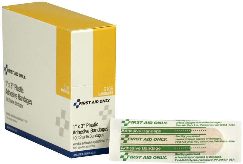 First Aid Only 1" x 3" Plastic Adhesive Bandages, 100/Box (G106)