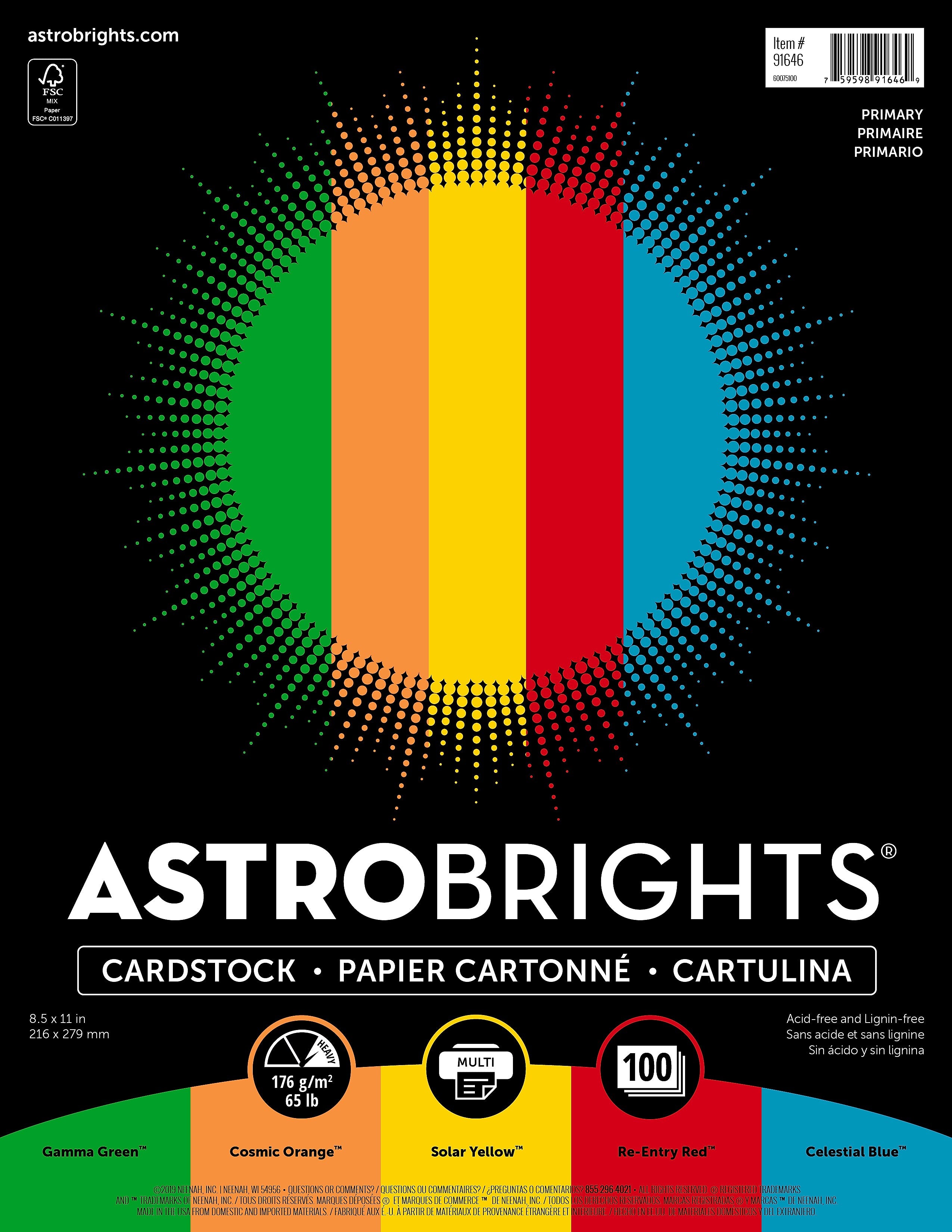 Astrobrights 65 lb. Cardstock Paper, 8.5" x 11", Primary Assortment, 100 Sheets/Ream (91646)