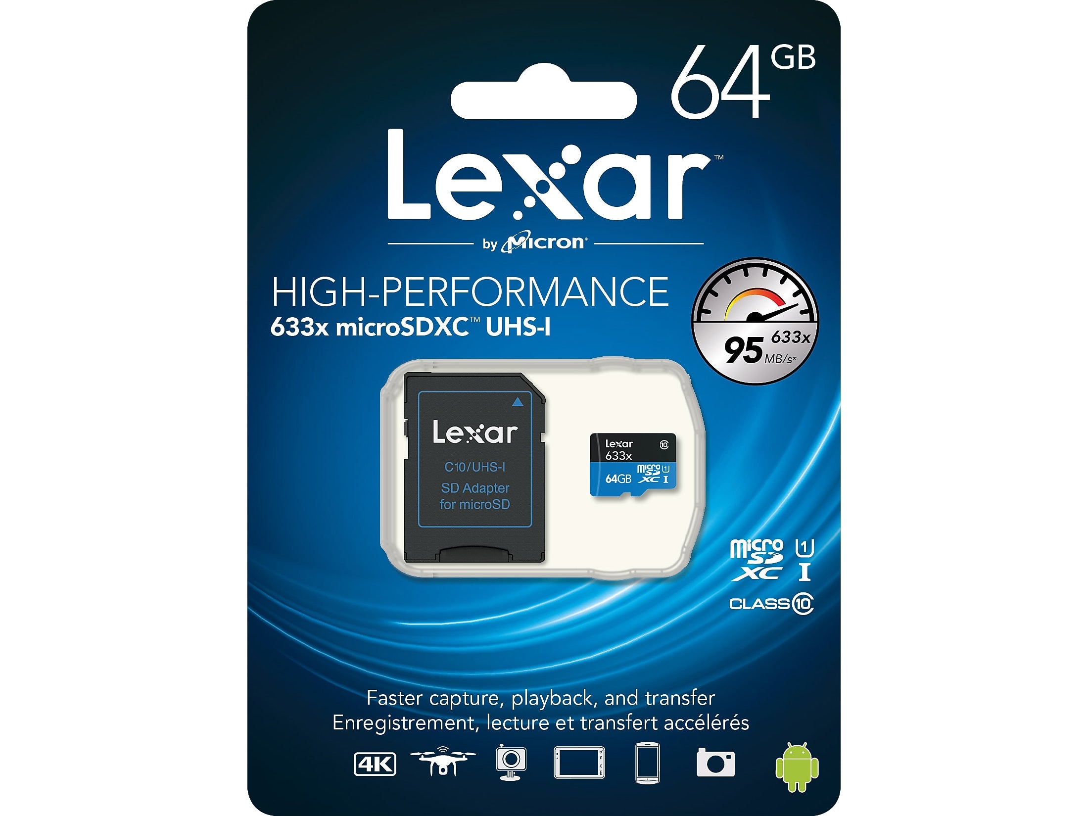 Lexar High-Performance 633x 64GB microSDXC Memory Card with Adapter, Class 10, UHS-I (LSDMI64GBBNL633)