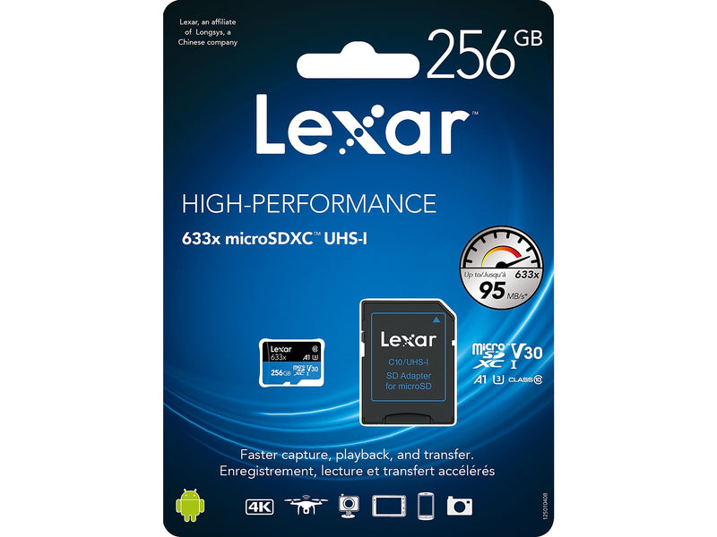 Lexar High-Performance 633x 256GB microSDXC Memory Card with Adapter, Class 10, UHS-I (LSDMI256BBNL633)