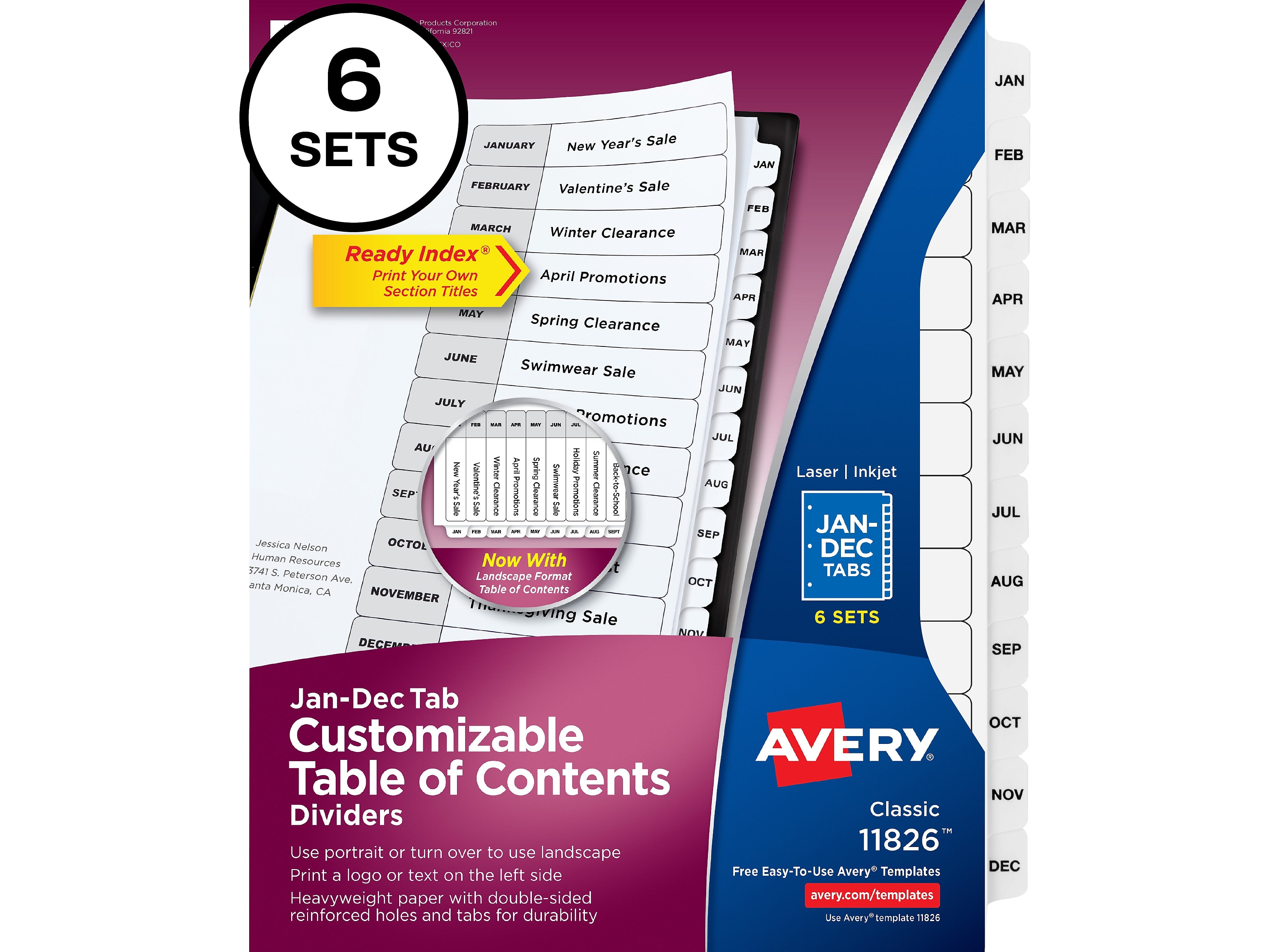 Avery Ready Index Table of Contents Paper Dividers, Jan-Dec Tabs, White, 6 Sets/Pack (11826)