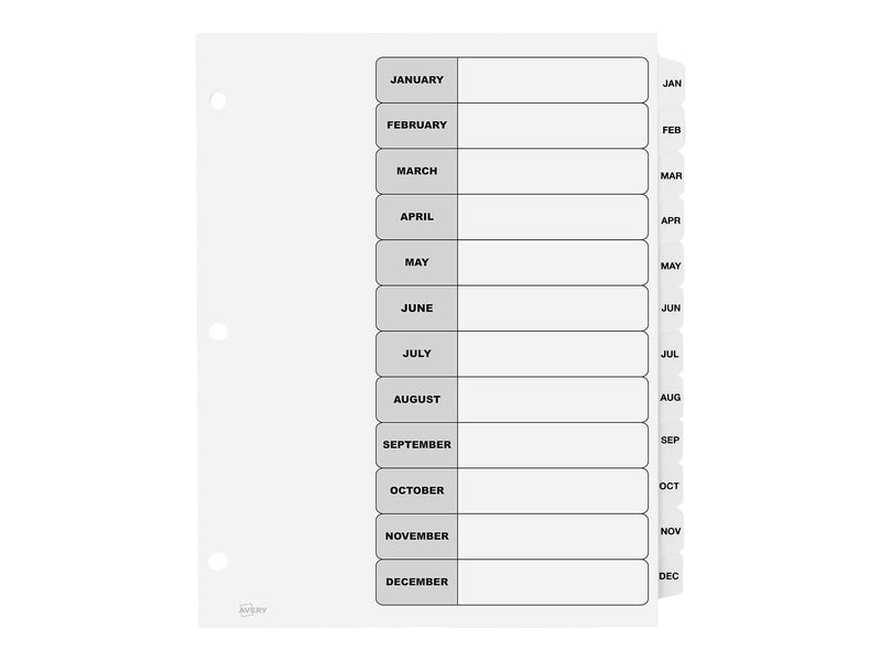 Avery Ready Index Table of Contents Paper Dividers, Jan-Dec Tabs, White, 6 Sets/Pack (11826)