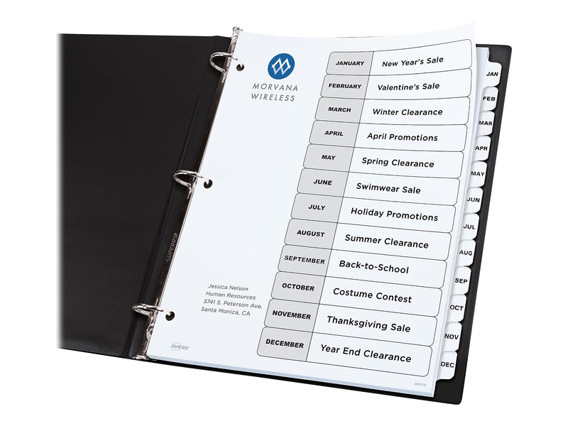 Avery Ready Index Table of Contents Paper Dividers, Jan-Dec Tabs, White, 6 Sets/Pack (11826)