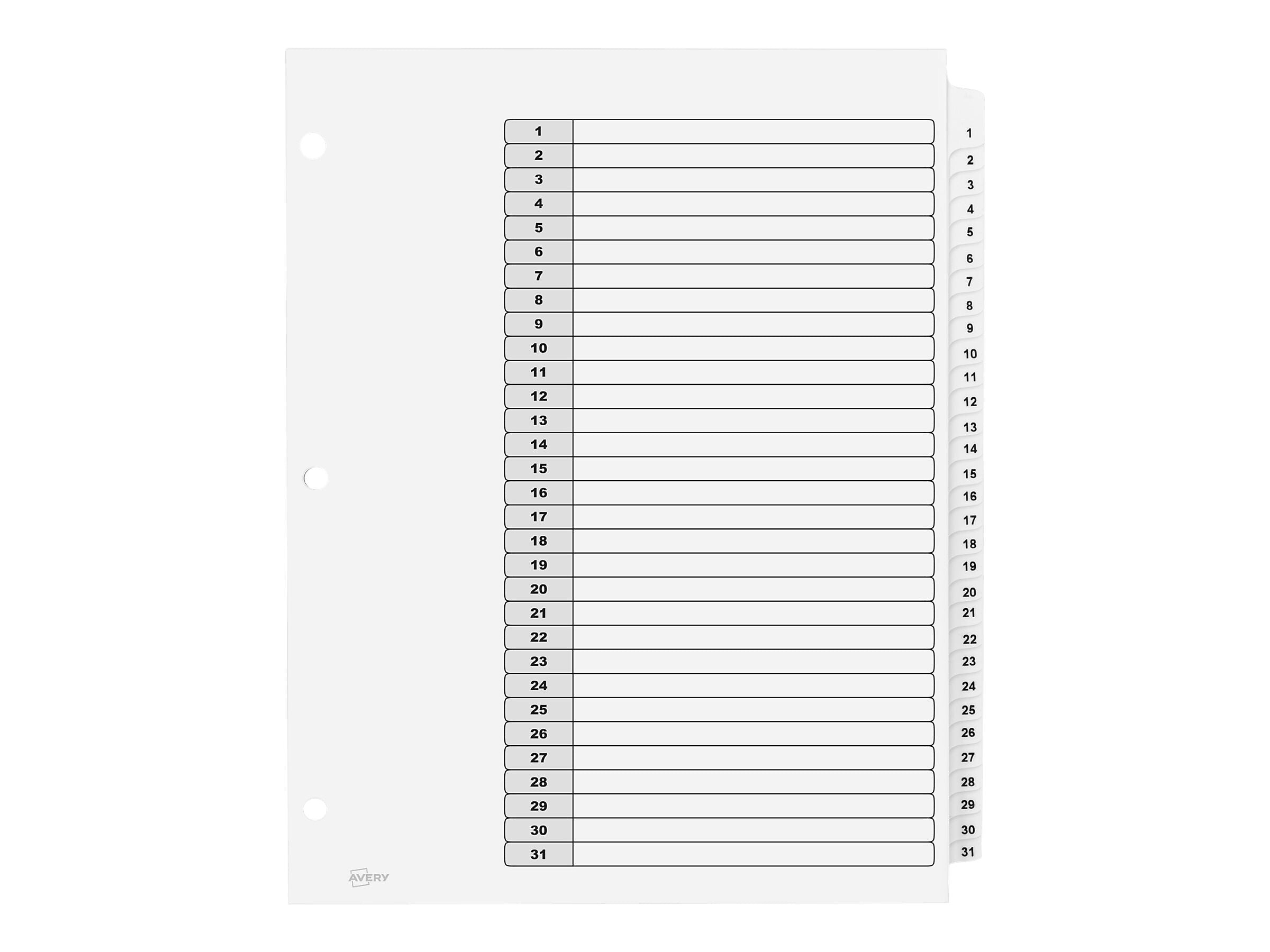 Avery Ready Index Table of Contents Paper Dividers, 1-31 Tabs, White, 6 Sets/Pack (11827)