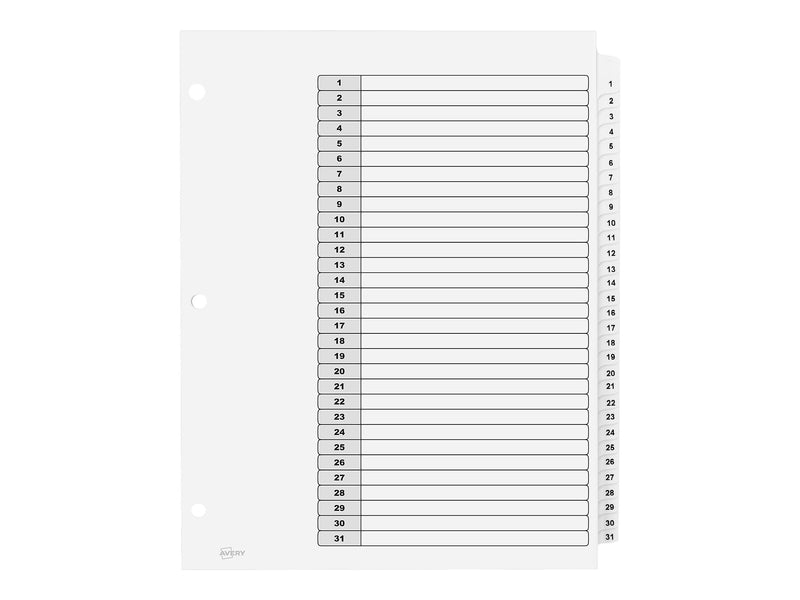 Avery Ready Index Table of Contents Paper Dividers, 1-31 Tabs, White, 6 Sets/Pack (11827)
