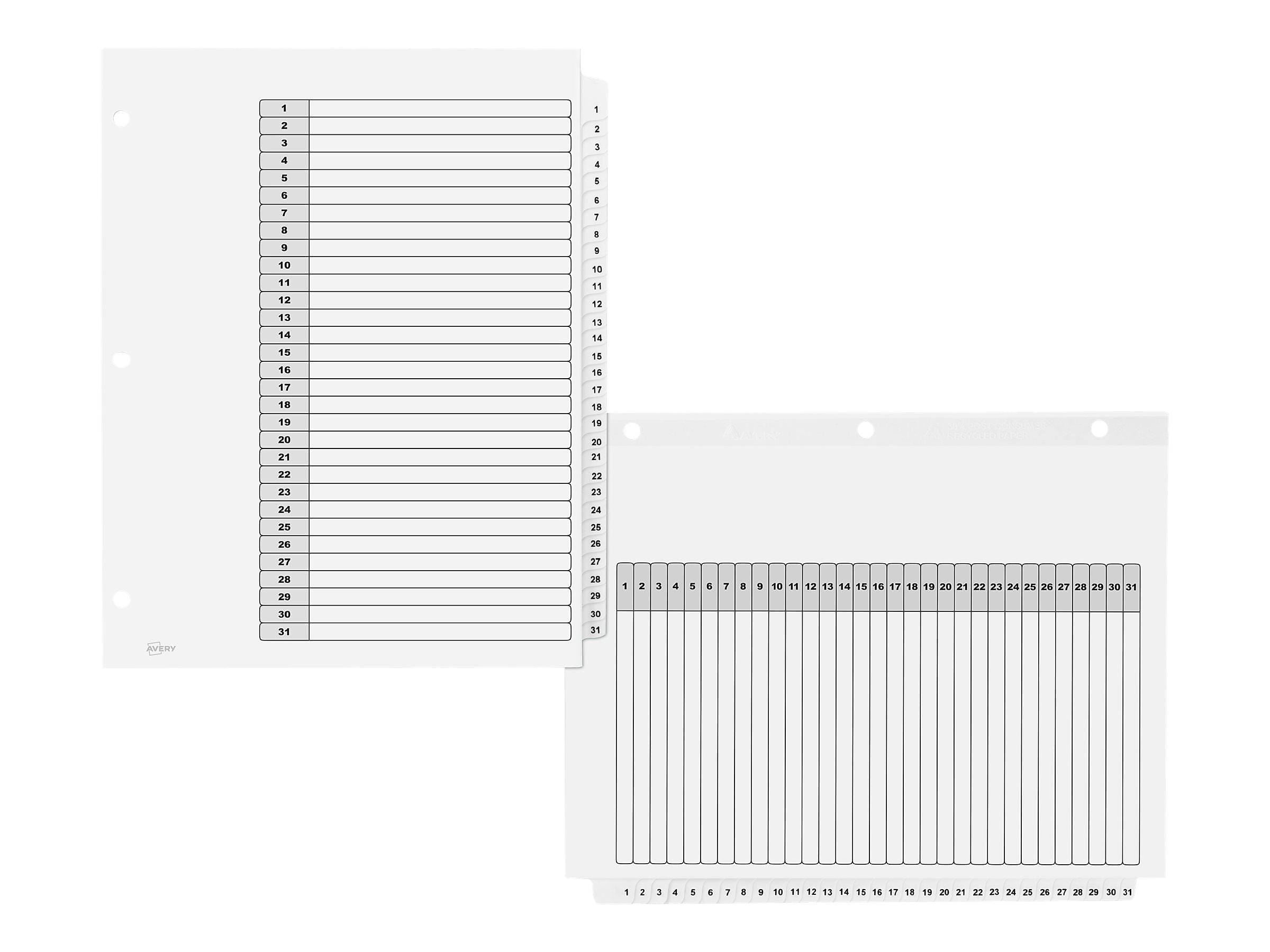 Avery Ready Index Table of Contents Paper Dividers, 1-31 Tabs, White, 6 Sets/Pack (11827)