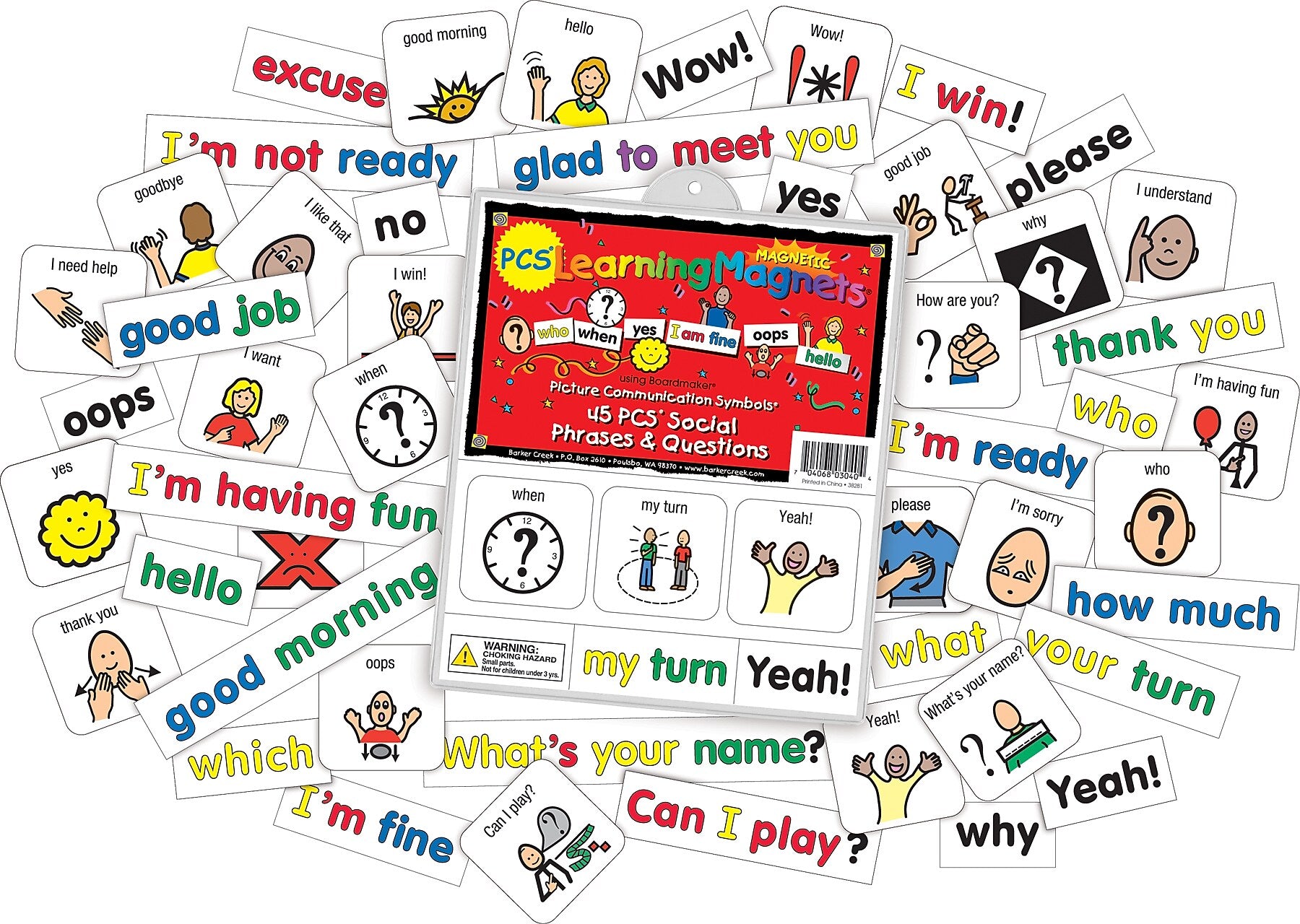 Barker Creek PCS Learning Magnets, 45 Social Phrases & Questions, 90 Magnetic Pieces/Pack (LM3040)