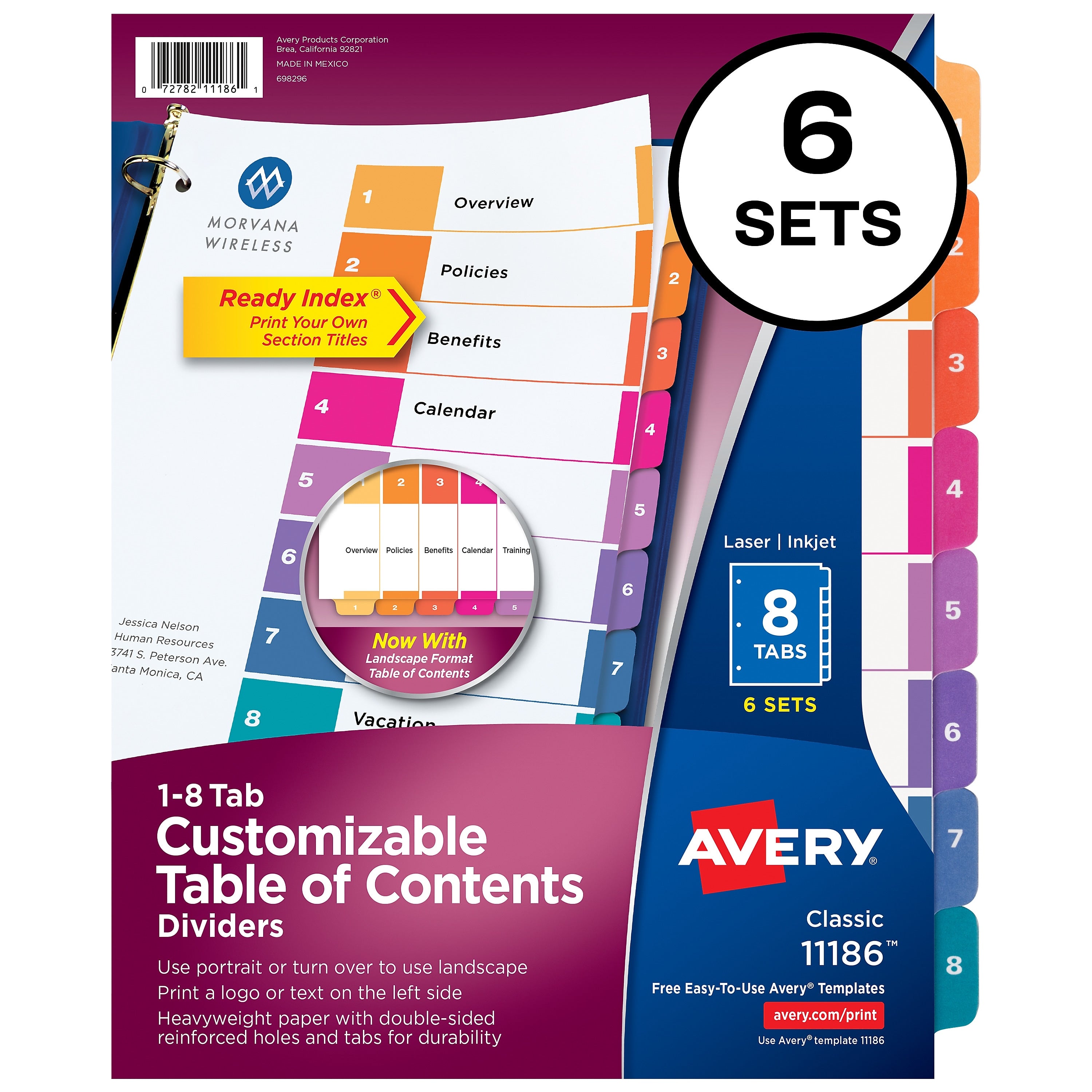 Avery Ready Index Table of Contents Pre-Printed Numeric Paper Divider, 8 Tabs, Multicolor, 6 Sets (11186)