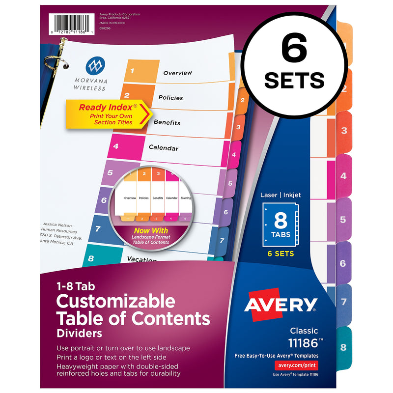 Avery Ready Index Table of Contents Pre-Printed Numeric Paper Divider, 8 Tabs, Multicolor, 6 Sets (11186)