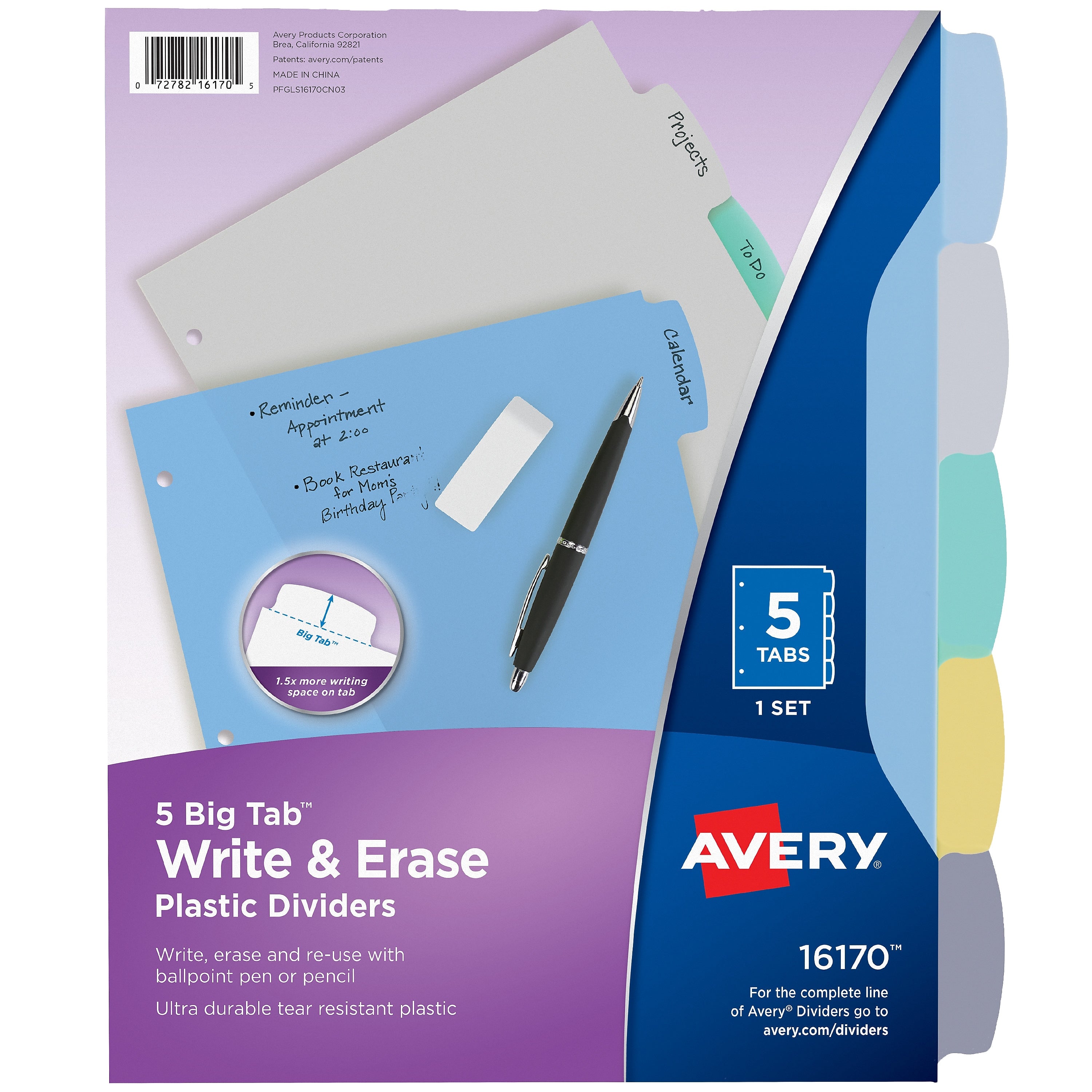 Avery Big Tab Write & Erase Plastic Dividers, 5 Tabs, Multicolor (16170)