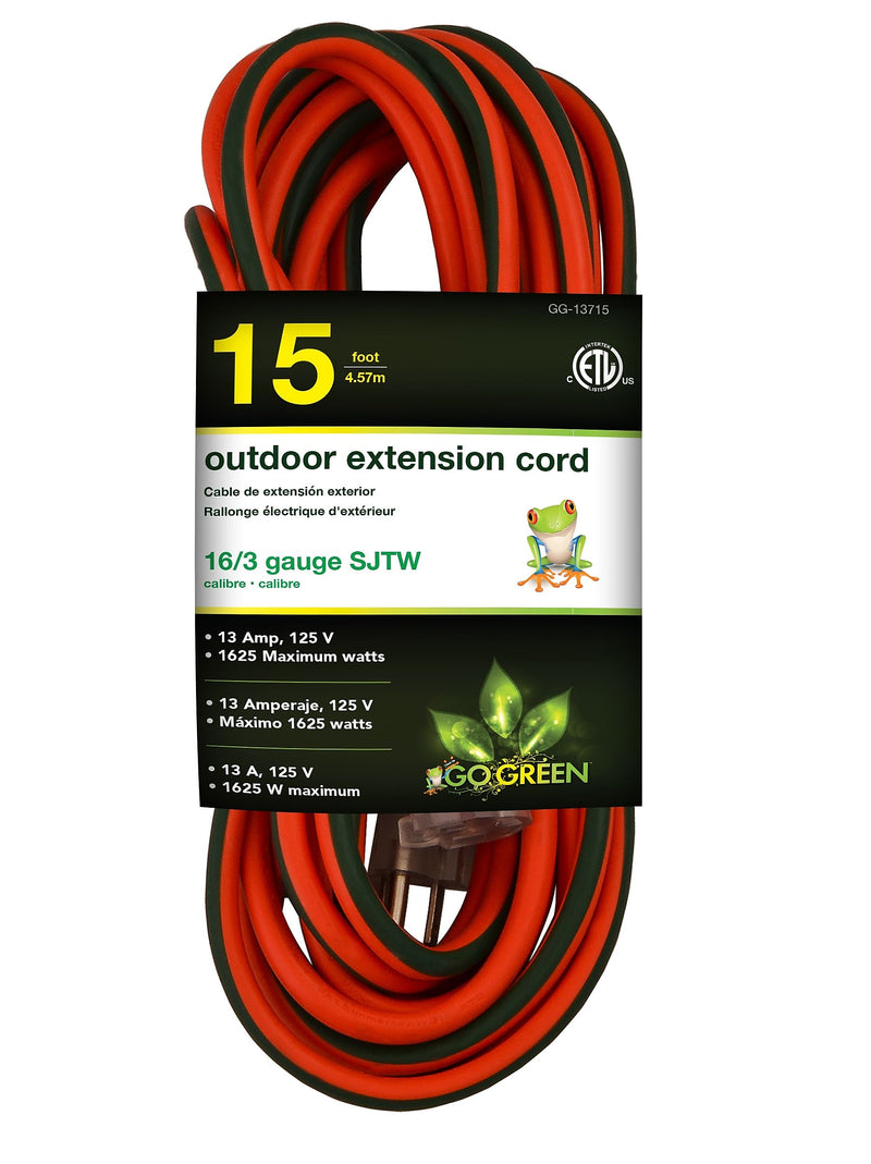 GoGreen Power 15' Indoor/Outdoor Extension Cord, 16 AWG, Orange (GG-13715)