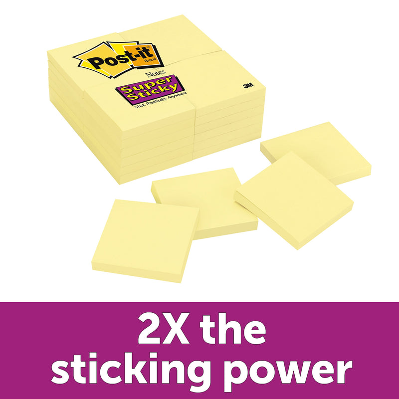 Post-it Super Sticky Notes, 3" x 3", Canary Collection, 90 Sheet/Pad, 24 Pads/Pack (MMM65424SSCY)