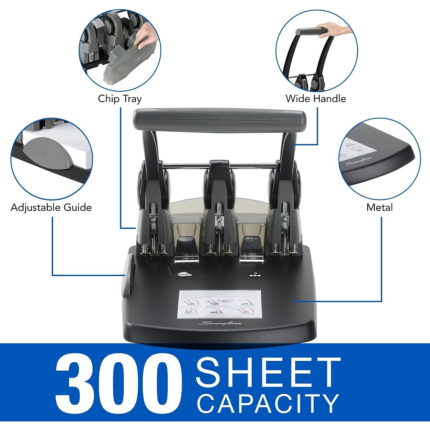 Swingline Extra High Capacity 3-Hole Punch, 300 Sheet Capacity, Black/Gray (A7074194)