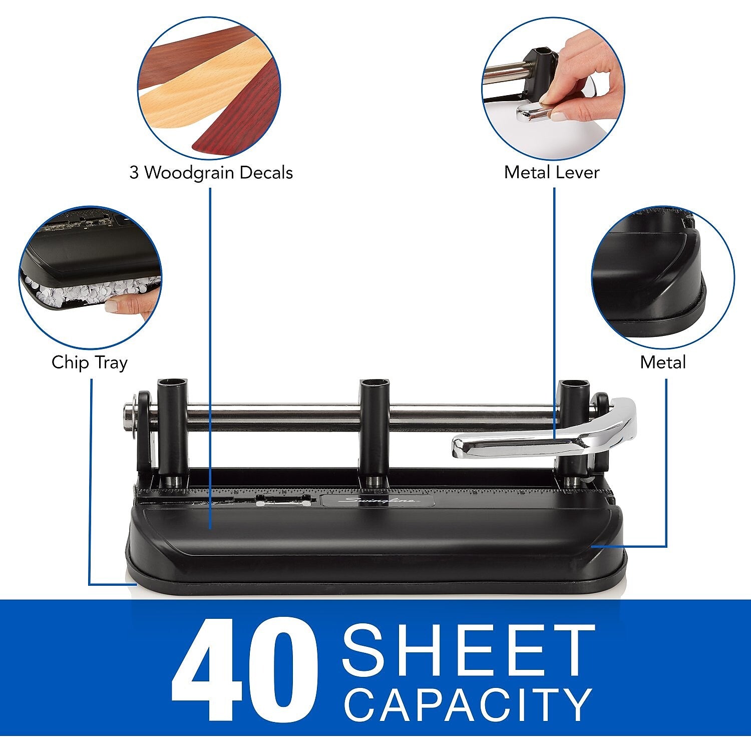 Swingline Woodgrain Accented Heavy Duty Desktop 3-Hole Punch, 40 Sheet Capacity, Black (74400)