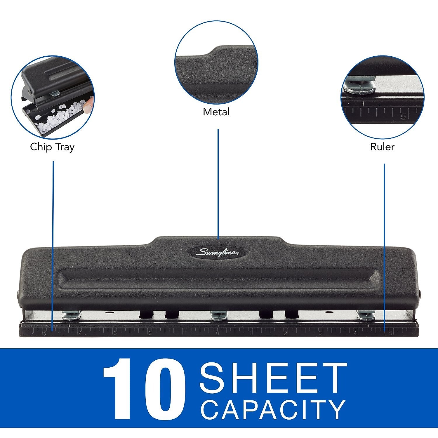 Swingline Light Duty Desktop Adjustable Hole Punch, 10 Sheet Capacity, Black (74015)