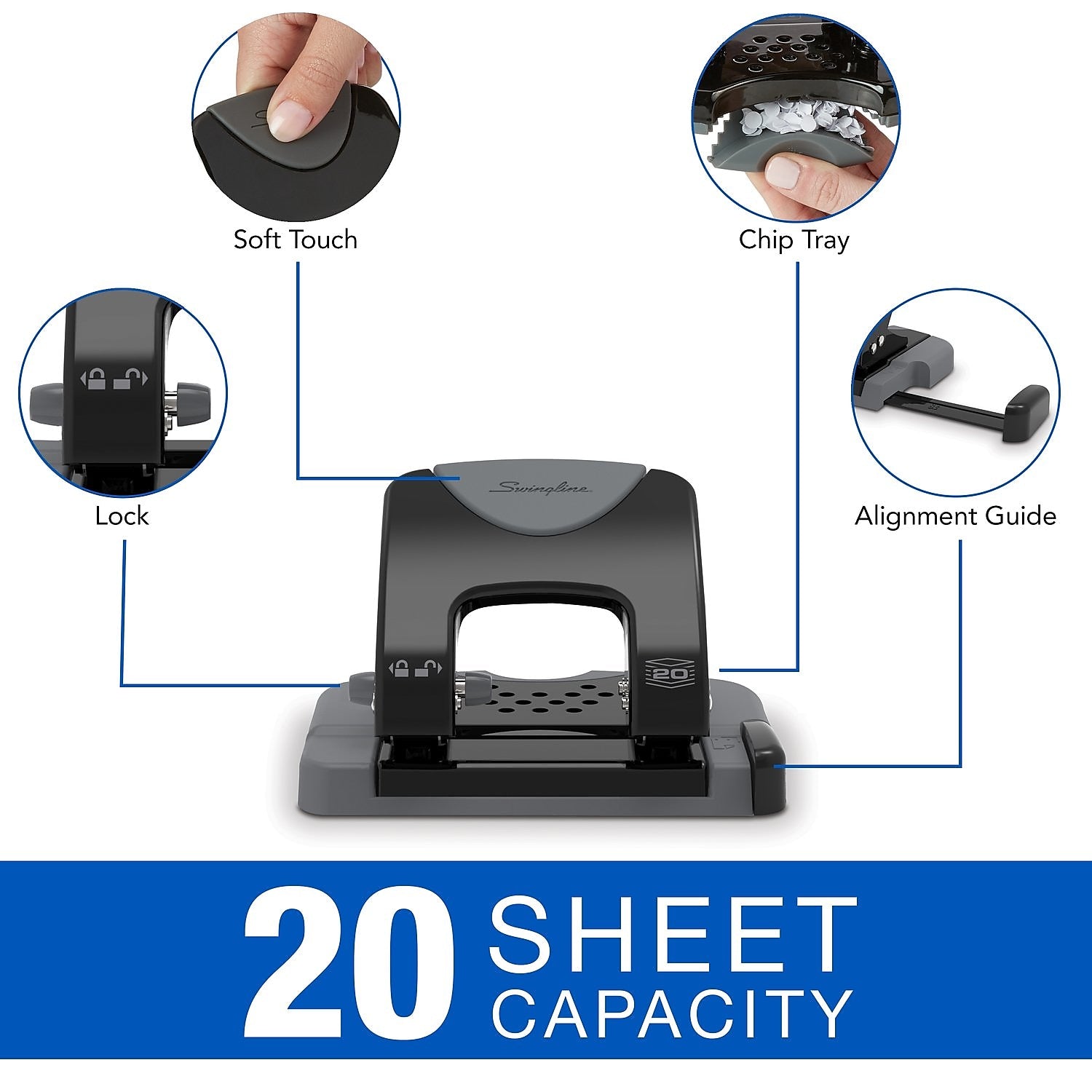 Swingline SmartTouch Low Force Handheld 2-Hole Punch, 20 Sheet Capacity, Black/Gray (74135)