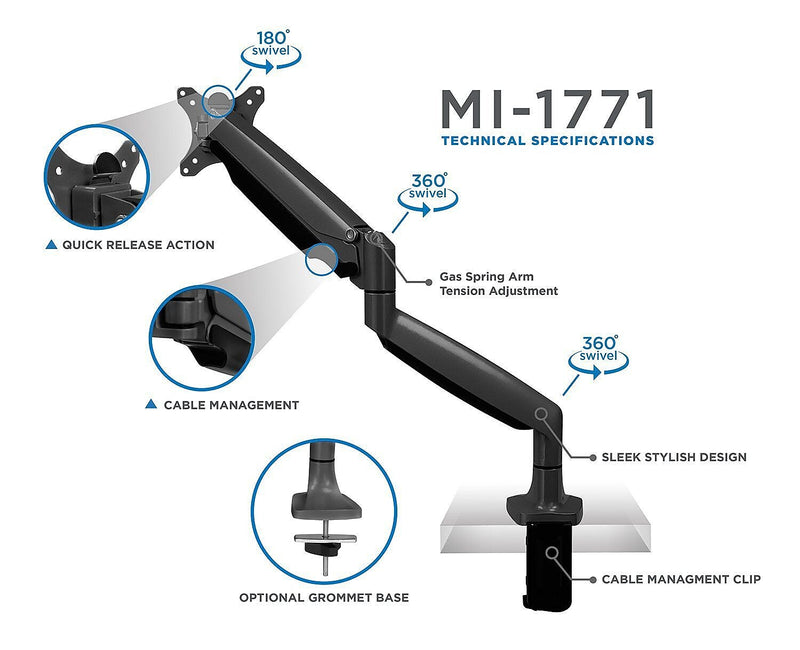 Mount-It! Height Adjustable Single Monitor Desk Mount Arm for 13"-32" Monitors (MI-1771B)