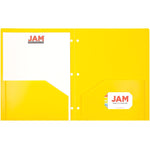 JAM Paper Heavy Duty 3 Hole Punch Two-Pocket Plastic Folders, Yellow, 6/Pack (383HHPYEB)
