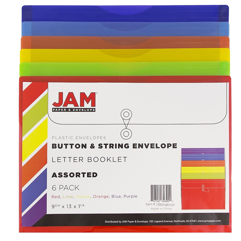 JAM Paper Standard Plastic Filing Envelope, Letter, Assorted Colors, 6/Pack (218B1RGBOYP)