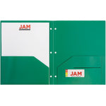 JAM Paper Heavy Duty 3 Hole Punched 2 Pocket Plastic Folders, Green, 108/pack (383HHPGRA)