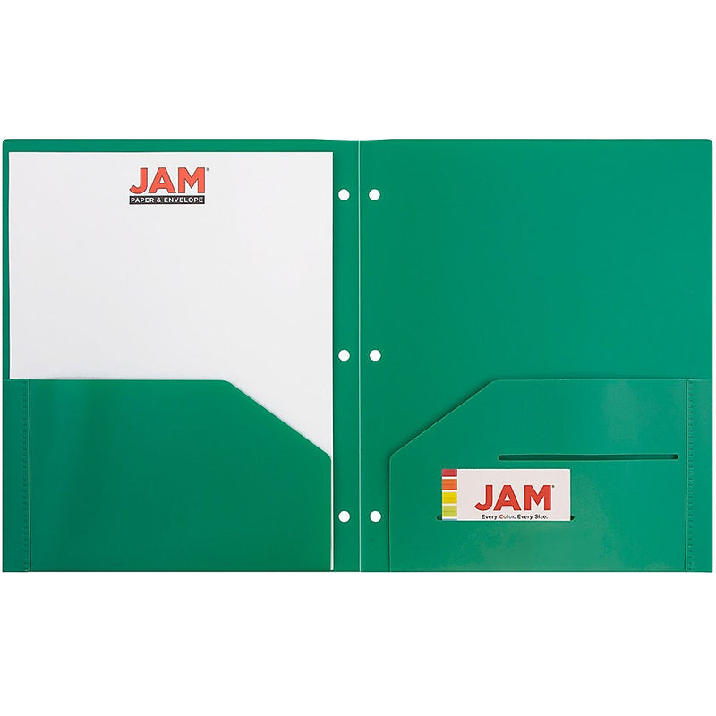 JAM Paper Heavy Duty 3 Hole Punched 2 Pocket Plastic Folders, Green, 108/pack (383HHPGRA)