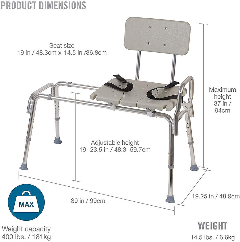 DMI® 19" - 23" x 19" Heavy-Duty Sliding Transfer Bench with Cut-Out Seat, White (522-1734-1900)