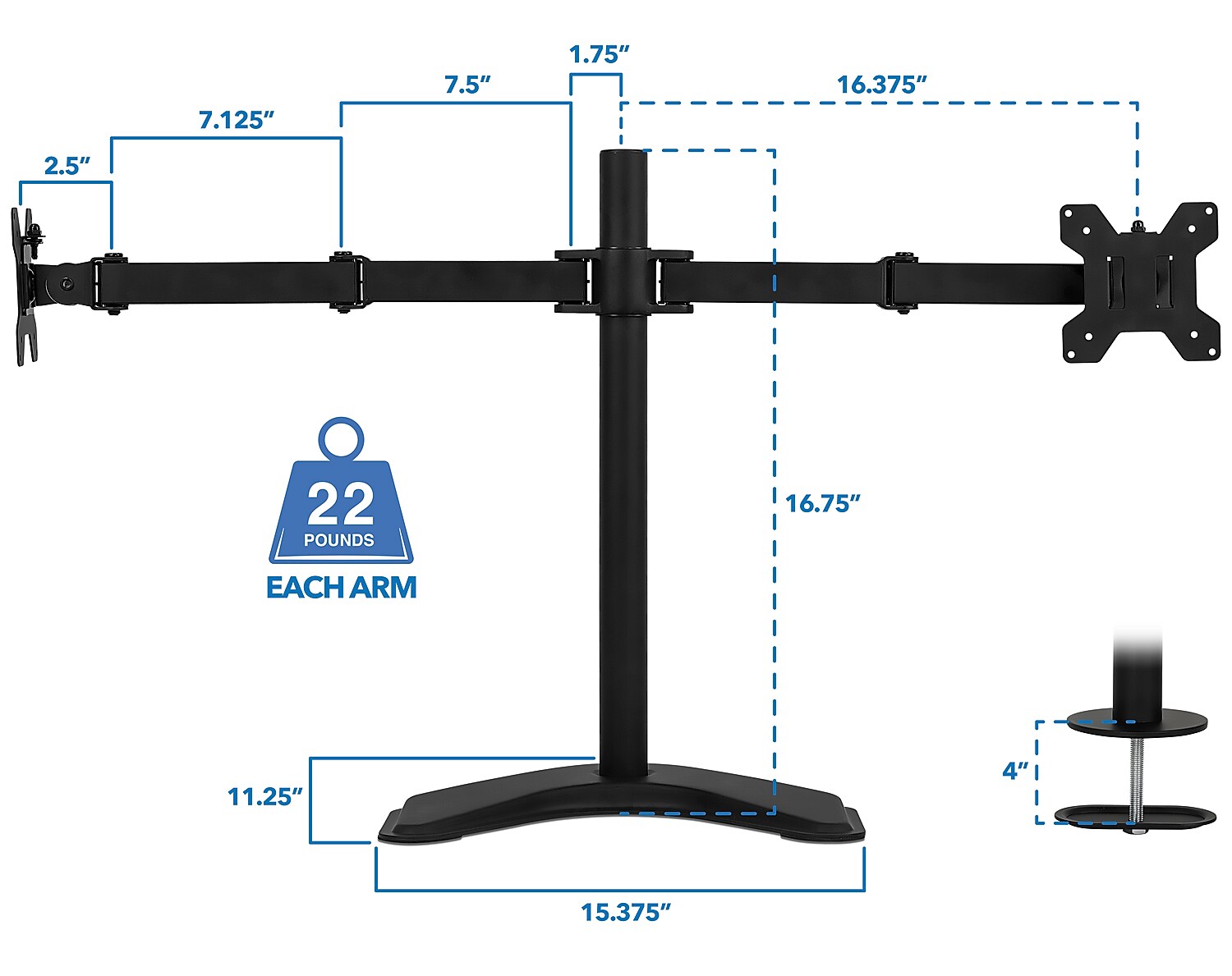 Mount-It! Adjustable Dual Stand, Up to 32" Monitors, Black (MI-2781B)