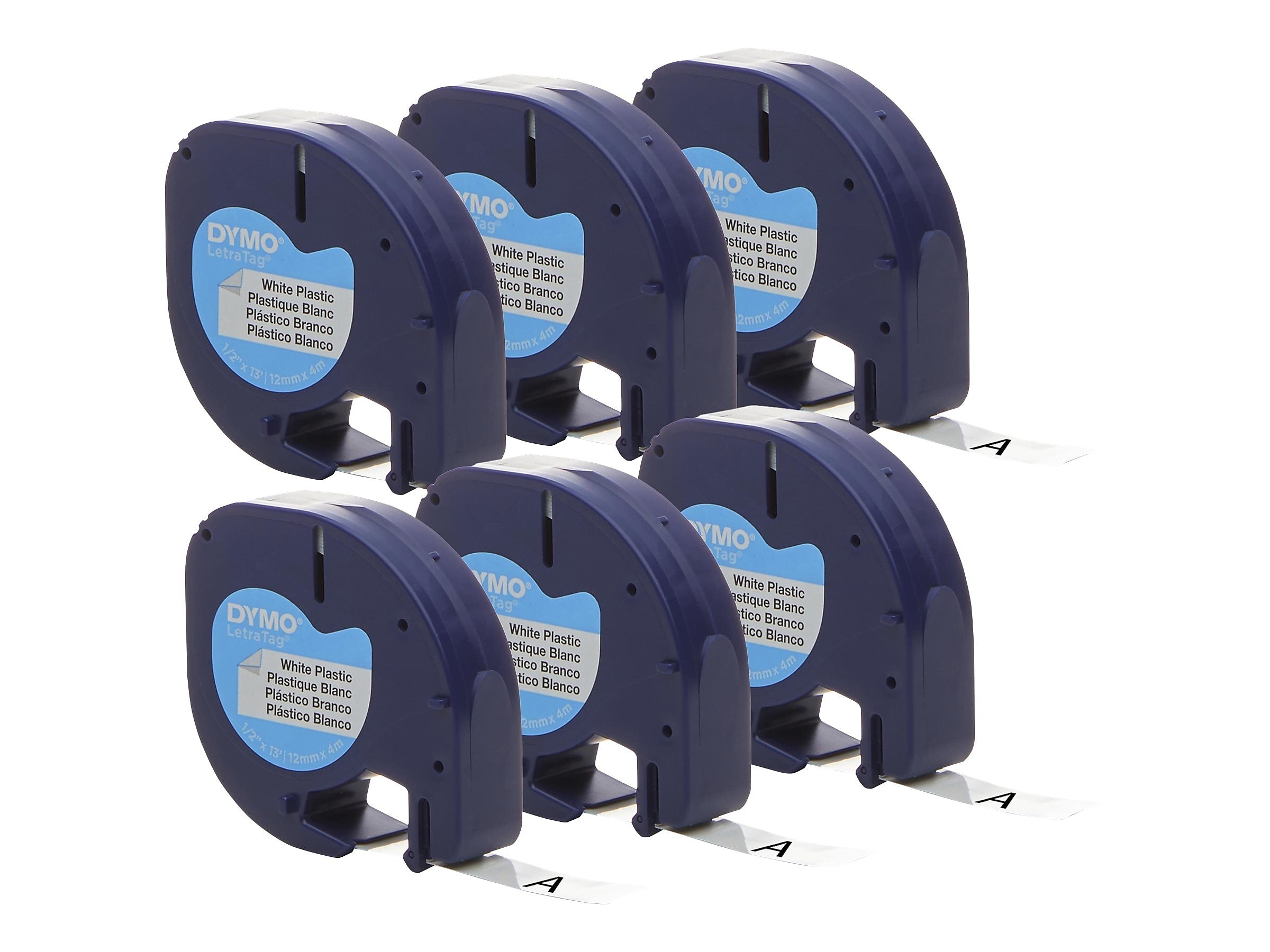 DYMO LetraTag 2050823 Plastic Label Maker Tape, 1/2" x 13', Black on White, 6/Pack (2050823)