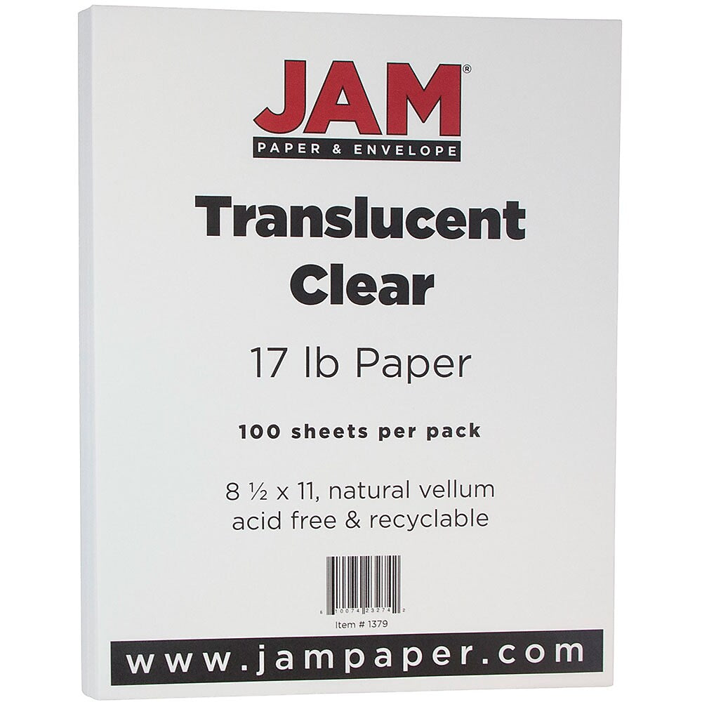 JAM Paper Translucent Vellum 8.5" x 11" Multipurpose Paper, 17 lbs., 100 Brightness, 500 Sheets/Ream (1379)