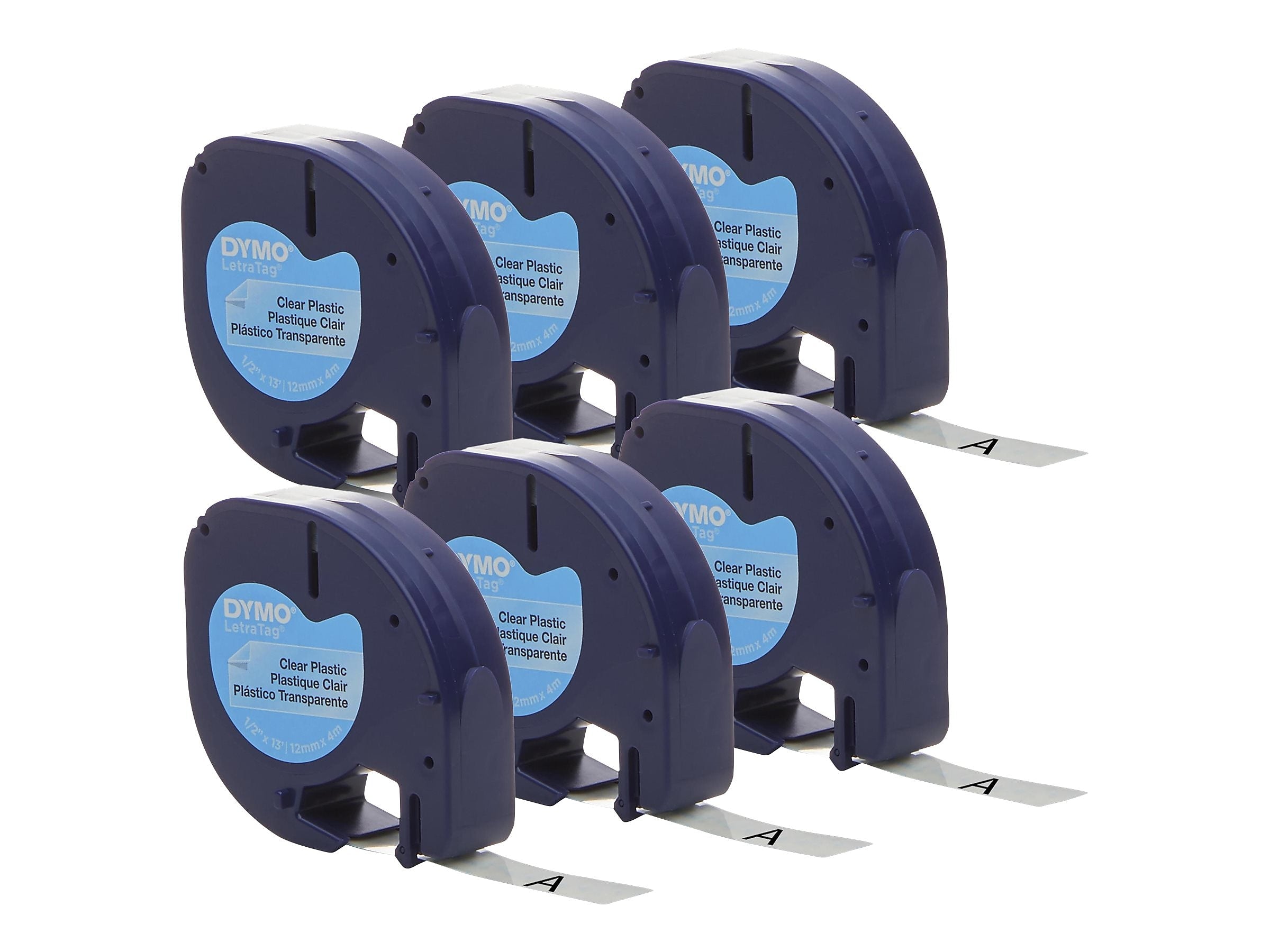 DYMO LetraTag 2050824 Plastic Label Maker Tape, 1/2" x 13', Black on Clear, 6/Pack (2050824)